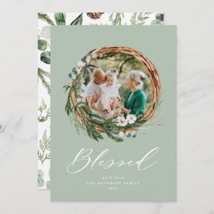 Modern foliage wreath christmas blessed script holiday card