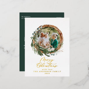 Modern foliage wreath merry christmas script foil foil holiday postcard
