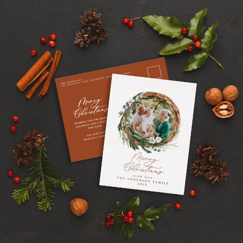 Modern foliage wreath merry christmas script  foil foil holiday postcard