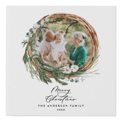 Modern foliage wreath merry christmas script  holi faux canvas print