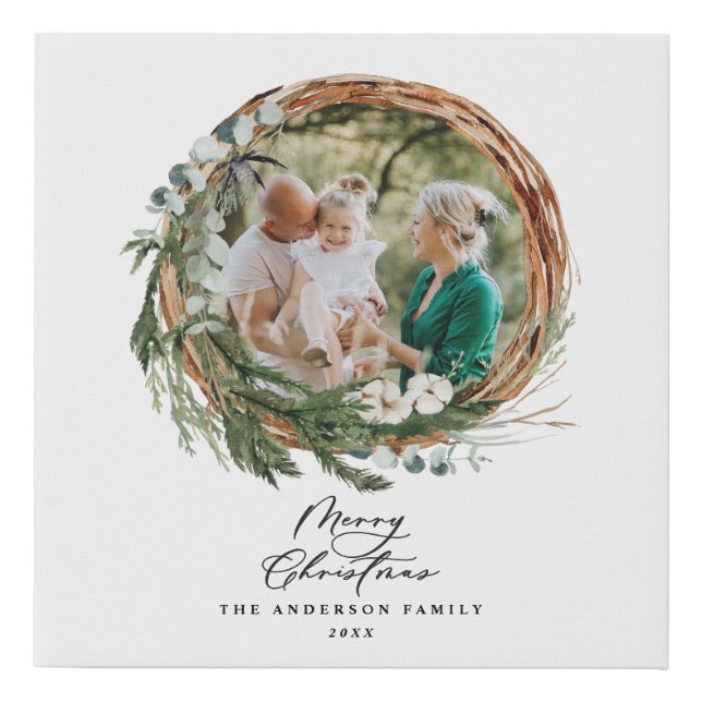 Modern foliage wreath merry christmas script  holi faux canvas print (Front)