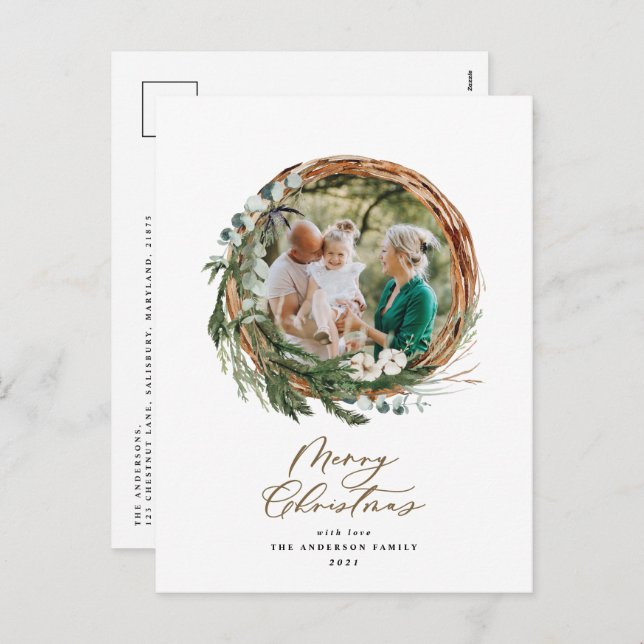 Modern foliage wreath merry christmas script  holiday postcard (Front/Back)