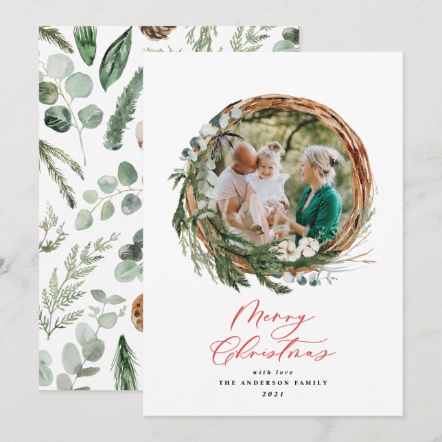 Modern foliage wreath merry christmas script red holiday card (Front/Back)