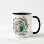 Modern foliage wreath peace script photo green cof mug<br><div class="desc">Modern minimal foliage wreath peace script holiday Christmas mug gift design. Hand painted eucalyptus,  minimal foliage and modern rustic rattan wreath give this holiday card a luxurious feel. In classy greens,  browns and grays.</div>