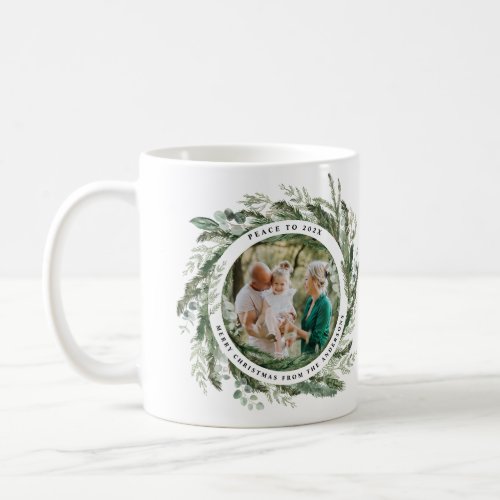 Modern foliage wreath peace script photo green coffee mug