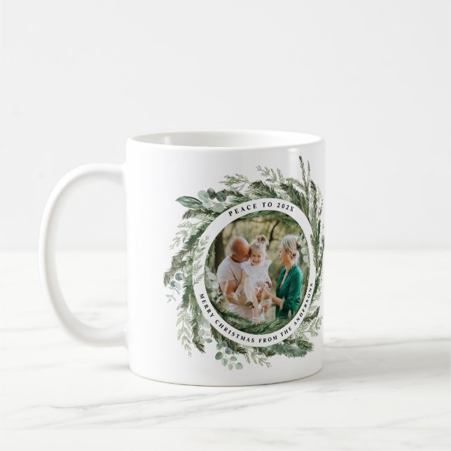 Modern foliage wreath peace script photo green coffee mug (Left)