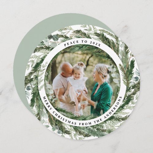 Modern foliage wreath peace script photo green holiday card