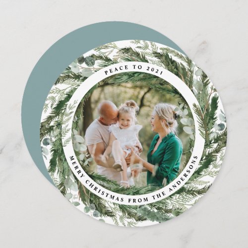 Modern foliage wreath peace script photo holiday card