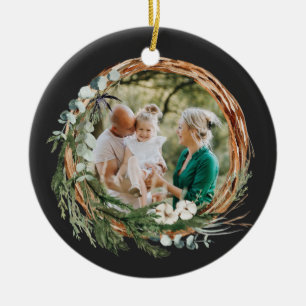 Modern foliage wreath photo Christmas black Ceramic Ornament