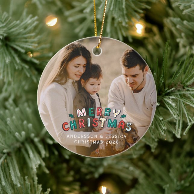 Modern foliage wreath photo Christmas Ceramic Ornament (Tree)