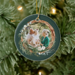 Modern foliage wreath photo Christmas green Ceramic Ornament<br><div class="desc">Modern foliage wreath Merry Christmas script holiday Christmas photo ornament. Hand painted eucalyptus,  minimal foliage and modern rustic rattan wreath along with real foil lettering give this holiday card a luxurious feel. In classy greens,  browns and grays.</div>