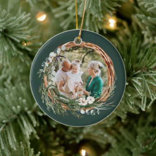 Modern foliage wreath photo Christmas green Ceramic Ornament