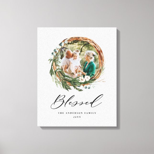 Modern foliage wreath stylish blessed script canvas print (Front)