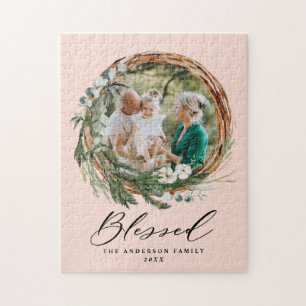 Modern foliage wreath stylish blessed script jigsaw puzzle