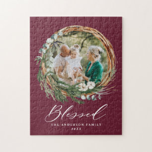 Modern foliage wreath stylish blessed script jigsaw puzzle