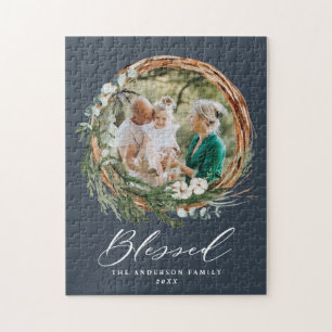 Modern foliage wreath stylish blessed script jigsaw puzzle