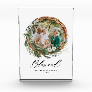 Modern foliage wreath stylish blessed script photo block
