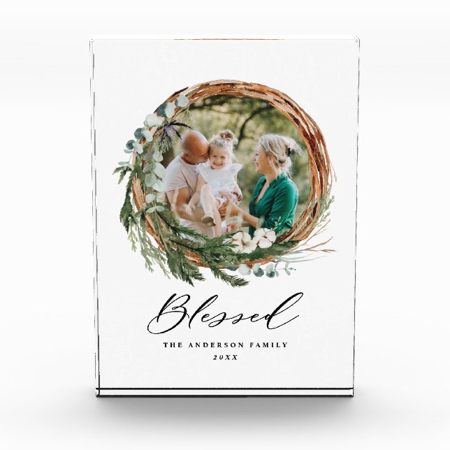 Modern foliage wreath stylish blessed script photo block (Front)