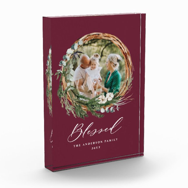 Modern foliage wreath stylish blessed script photo block (Left)