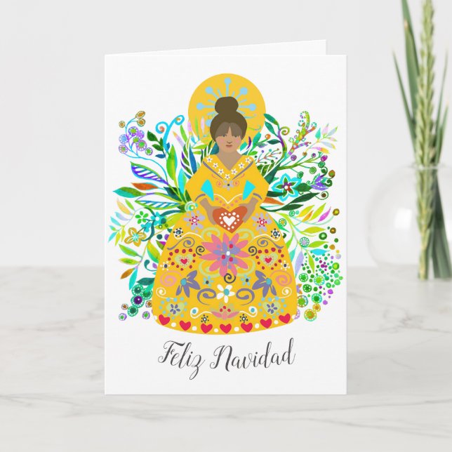 Modern Folk Art Christmas Angel Spanish Holiday Card (Front)