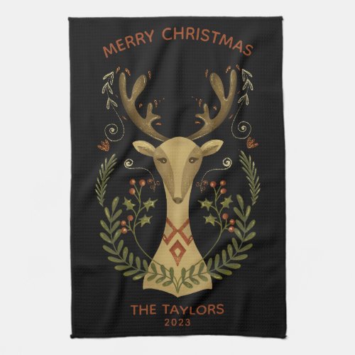 Modern Folk Art Christmas Reindeer Square Sticker  Kitchen Towel