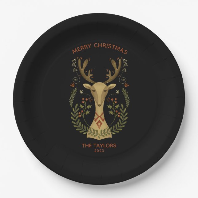 Modern Folk Art Christmas Reindeer Square Sticker  Paper Plates (Front)