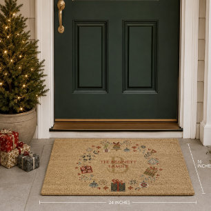 Modern Folk Art Christmas Wreath Monogram and Name Fiber Doormat