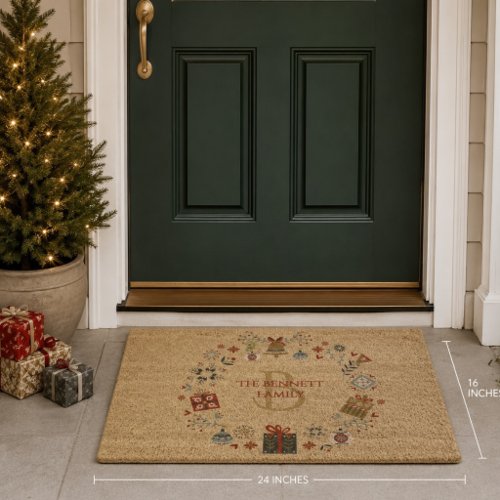 Modern Folk Art Christmas Wreath Monogram and Name Fiber Doormat