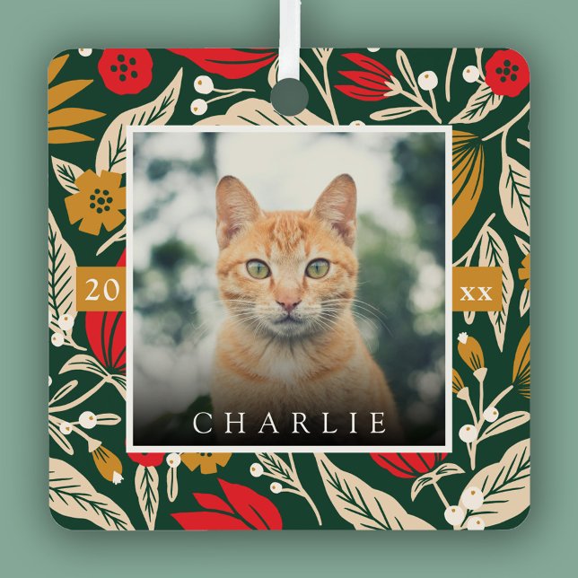Modern Folk Art Floral Pet Photo Christmas Holiday Metal Ornament (Creator Uploaded)