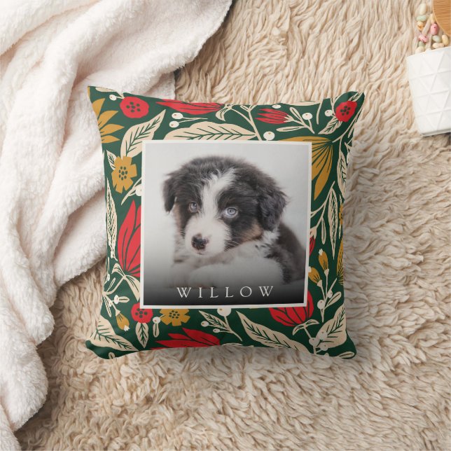 Modern Folk Art Floral Pet Photo Christmas Holiday Throw Pillow (Blanket)