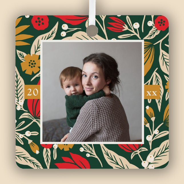 Modern Folk Art Floral Photo Christmas Holiday Metal Ornament (Creator Uploaded)