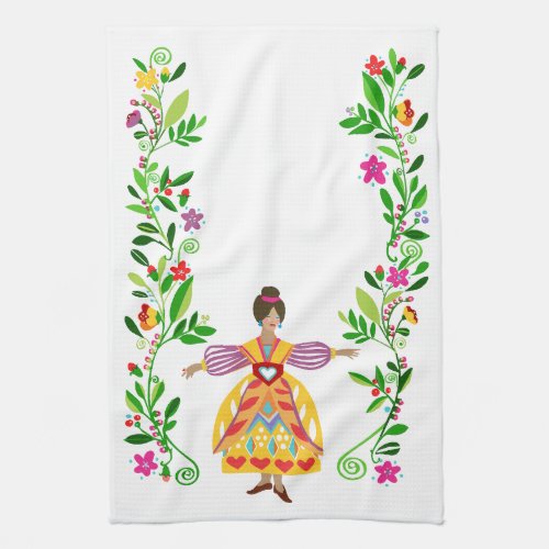 Modern Folk Art Mexican Style Flower Girl Kitchen Towel
