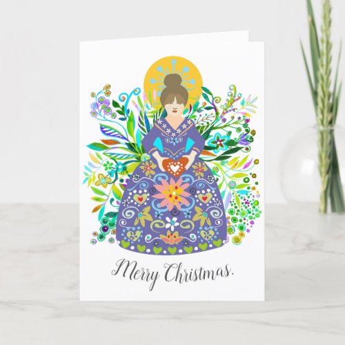 Modern Folk Art Purple Christmas Angel Holiday Card