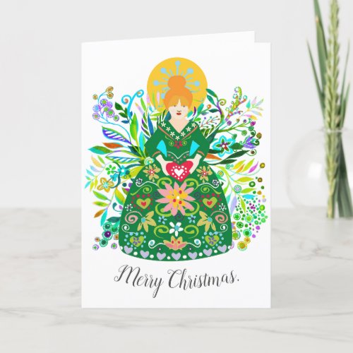 Modern Folk Art Red_Haired Christmas Angel Holiday Card