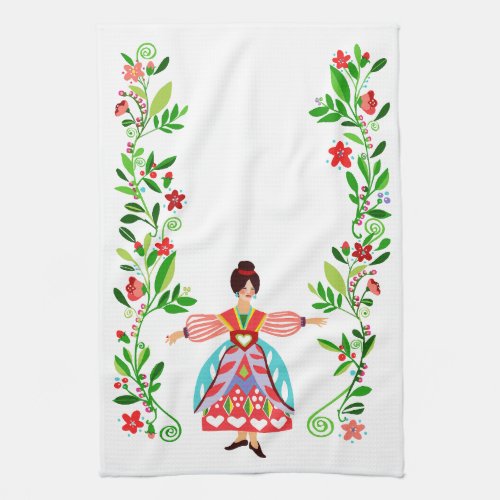 Modern Folk Art Style Flower Garden Girl Kitchen Towel