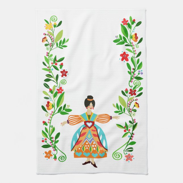 Modern Folk Art Style Flower Girl Tangerine Kitchen Towel (Vertical)