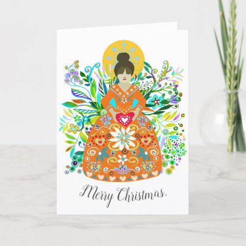 Modern Folk Art Tangerine Christmas Angel Greeting Holiday Card