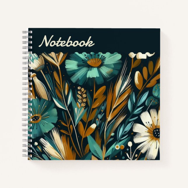  Modern Folk Art – Teal Copper Wildflowers Dark Notebook (Front)
