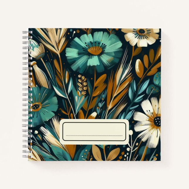  Modern Folk Art – Teal Copper Wildflowers  Notebook (Front)