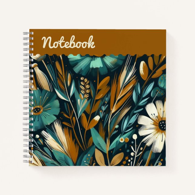  Modern Folk Art – Teal Copper Wildflowers Top  Notebook (Front)