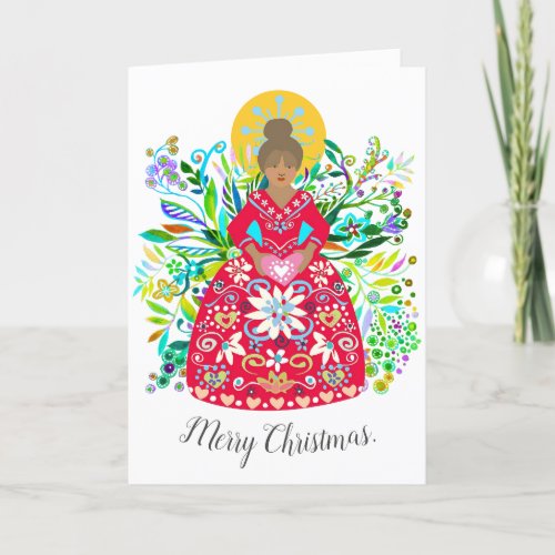 Modern Folk Art Vibrant Red Christmas Angel Holiday Card