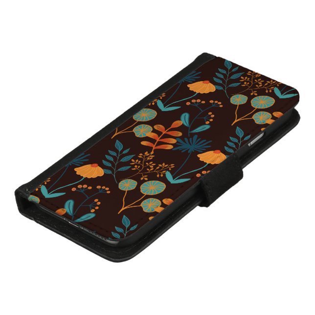 Modern Folk Botanical w/ Dark Chocolate Background iPhone Wallet Case (Bottom)
