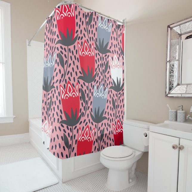 Modern Folk Flower Pink Gray White Country  Shower Curtain (In Situ)