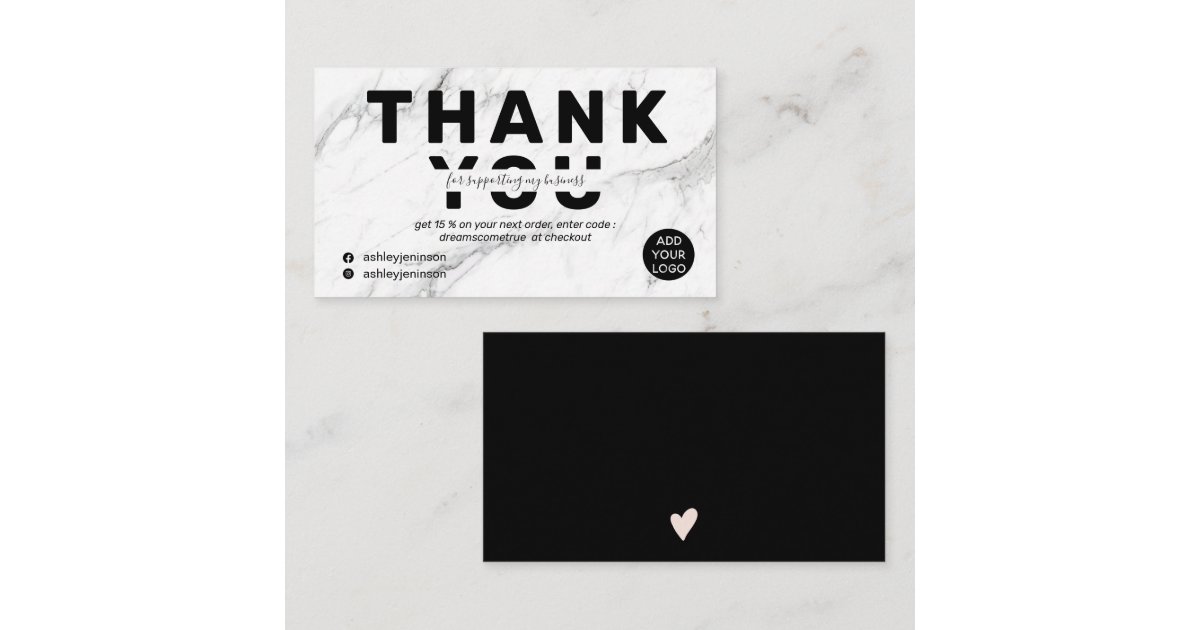 Modern font black white marble order thank you business card | Zazzle