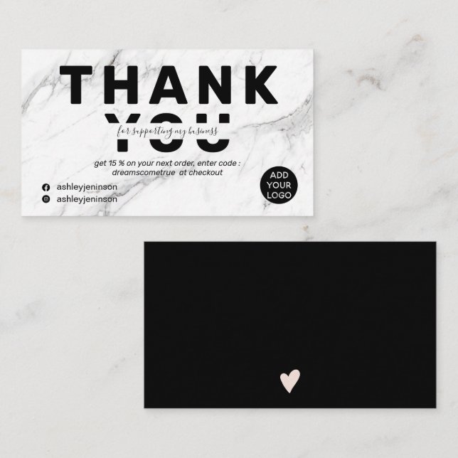 Modern font black white marble order thank you business card (Front/Back)