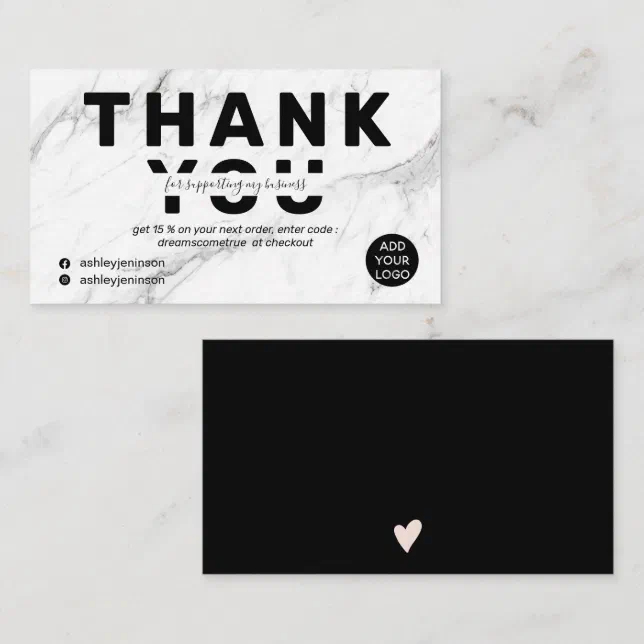 Modern font black white marble order thank you business card | Zazzle