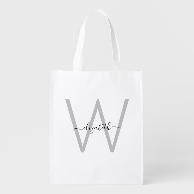 Modern Font Custom Name & Initial Neutral  Grocery Bag (Front)