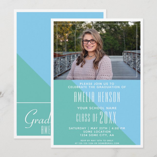 Modern Font Turquoise Blue Graduation Photo Invitation (Front/Back)