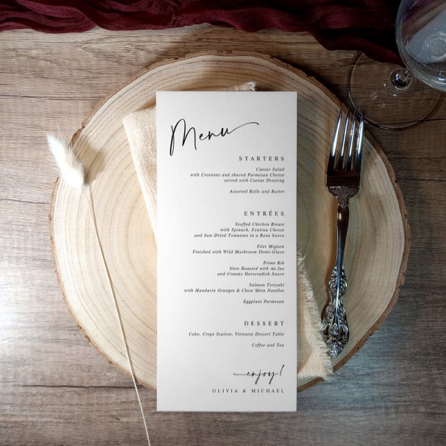 Modern Food Course Dinner Black and White Wedding Menu (Modern minimalist black and white wedding menu with elegant script typography)