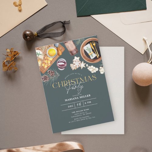 Modern Food Wine Christmas Green Holiday Party Invitation